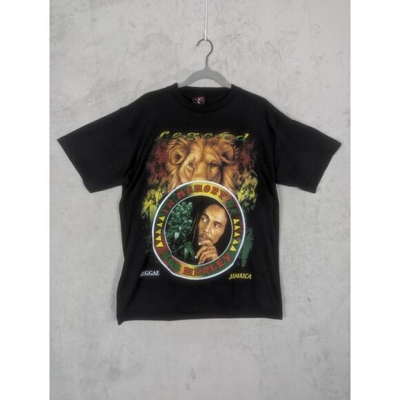 Vintage Thunder Bob‎ Marley In Memory All Over Print T Shirt 1990s Black Large - Picture 1 of 7